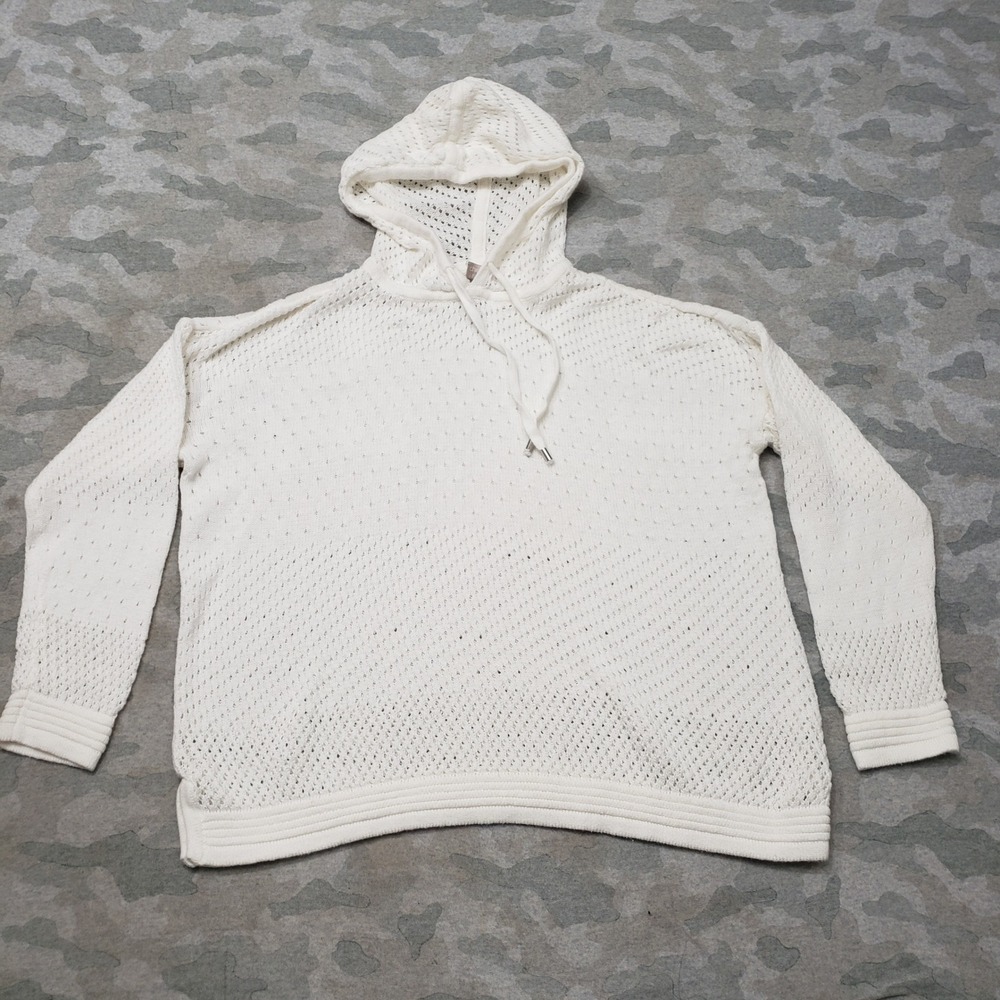 Chico's Zenergy Sweater Women Large White Pointelle Knit Pullover Hooded
